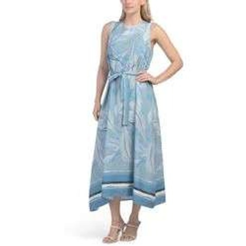 Le Ragazze Made in Italy Blue Linen Blend Abstract Leaf Midi Dress‎ Size M
